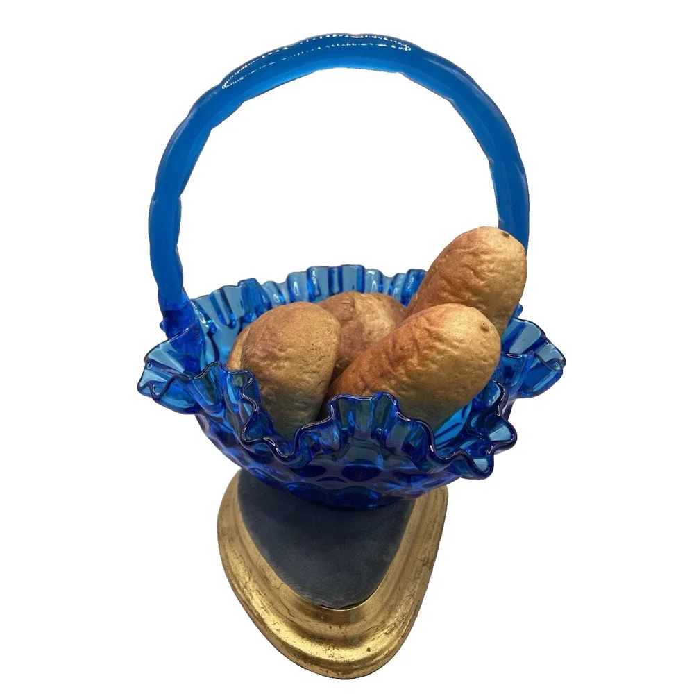 1950s Vintage Fenton Thumbprint Colonial Cobalt Blue Ruffled 8” Glass Basket